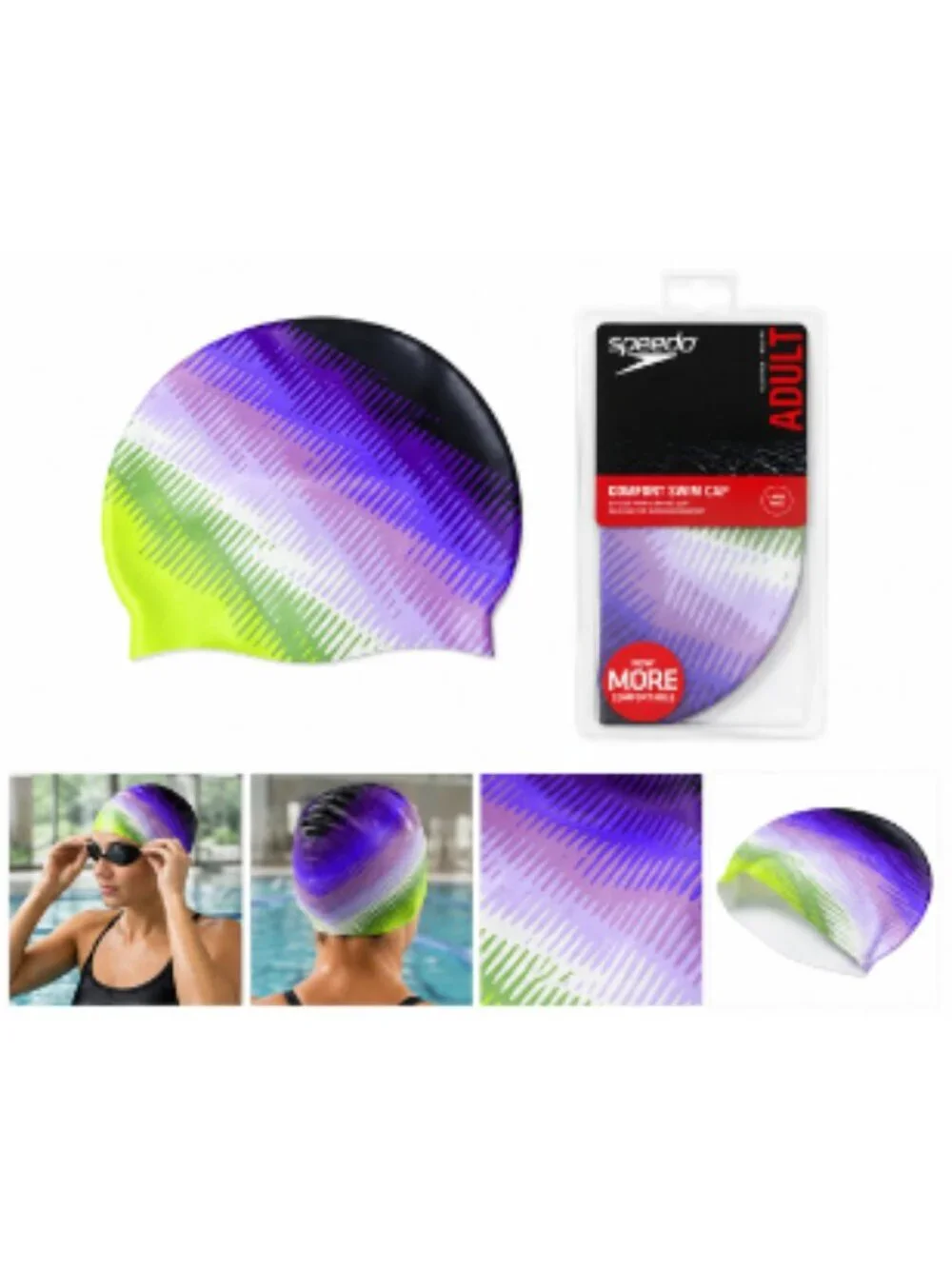 Speedo Adult Silicone Swim Cap Multi/Purple Color Comfort Stretch Waterproof Cap